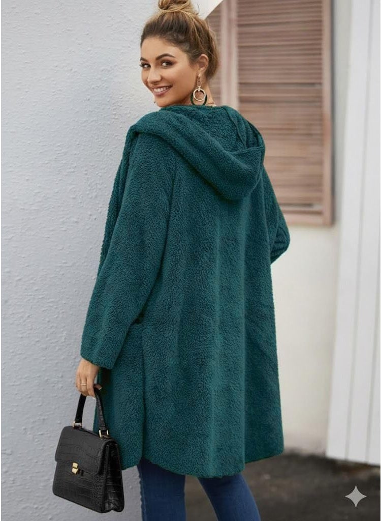 Solid Dual Pocket Open Front Teddy Coat (Teal) - Image 2